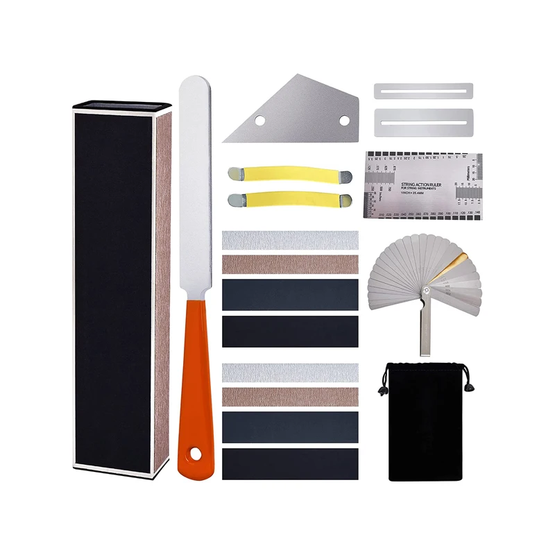 18pcs Guitar Luthier Tool Kit Set Fret Crowning File Fret Leveling Beam String Action Ruler Gauge Feeler Gauge Rocker Sandpapers