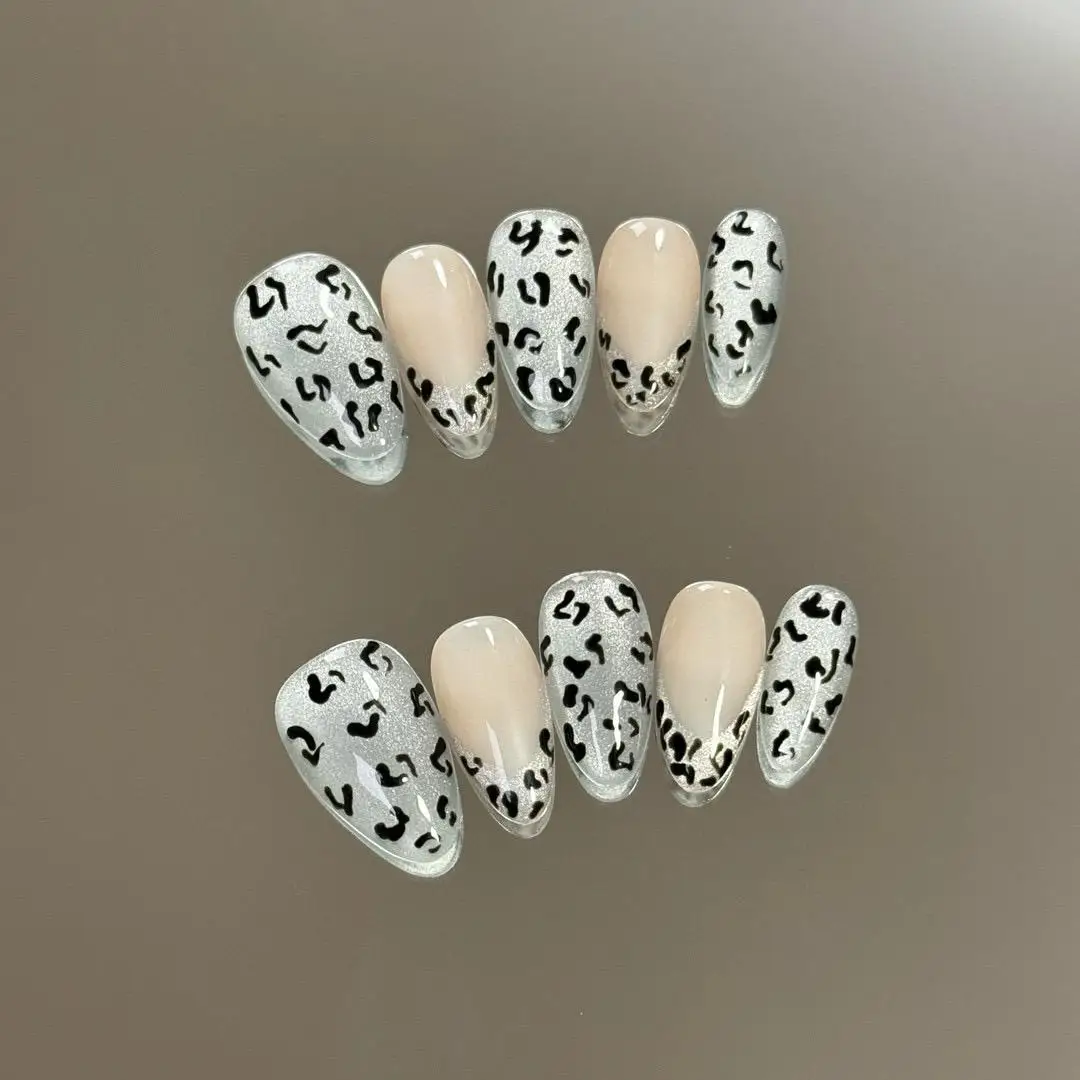 Wholesale 10pcs Custom French Leopard Print ABS Nail Tips Long Coffin Pattern Press on Hand Wear for Fingers