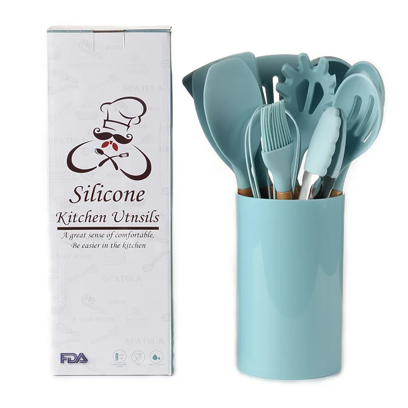 Amazon hot sale 12 Pieces Silicone Kitchen Accessories Cooking Tools kitchen Utensils With wooden handle