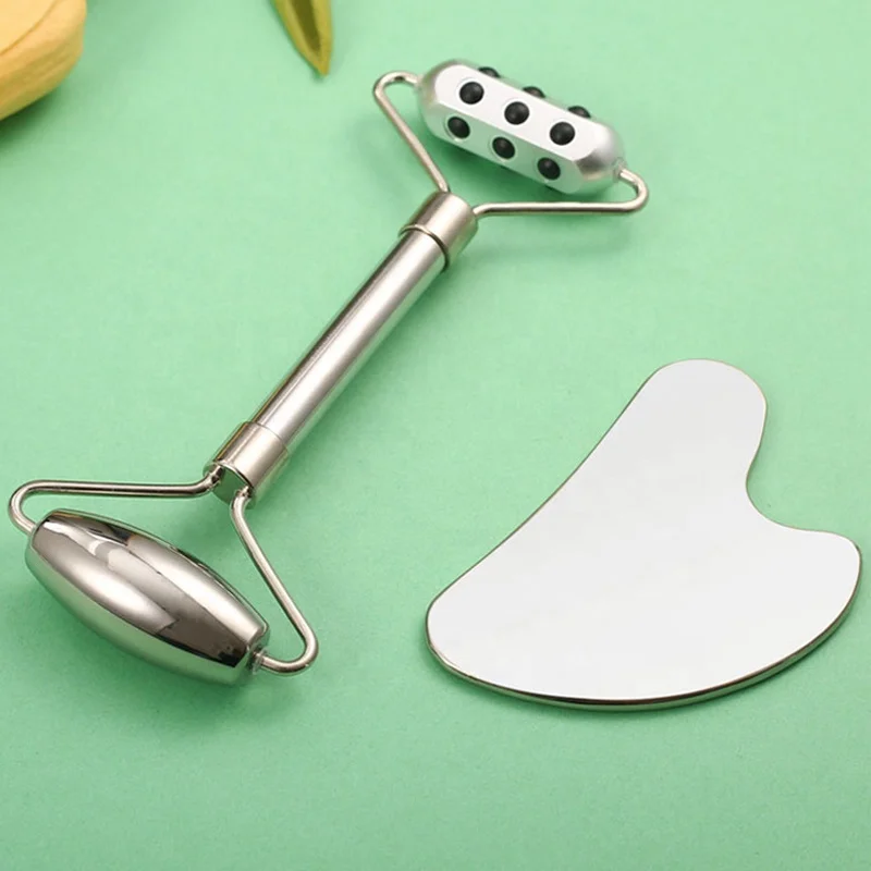 2022 New Design Germanium Roller With Double Headed 304 Stainless Steel Metal Face Roller Gua Sha Set