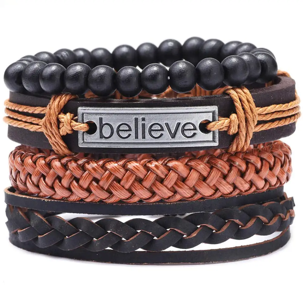 TZ064 4Pcs Believe Leather Bracelets for Men Women Wooden Beads Adjustable Tribal Wristbands Punk Style Gift