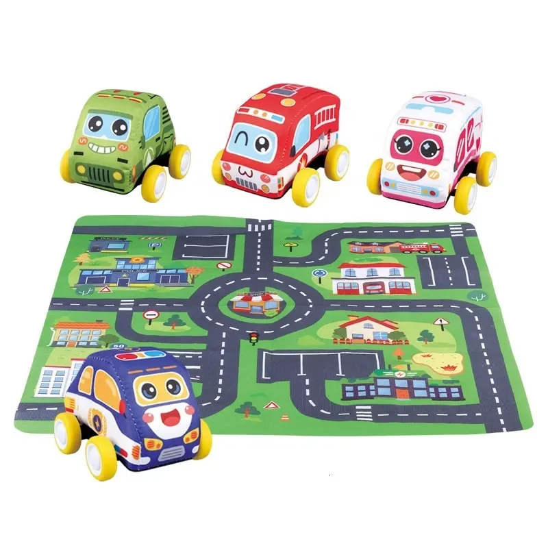 Hot Sale Early Educational Cartoon Cloth Pullback Car Baby Crawling Carpet Soft Toy Set Game Mat For Baby