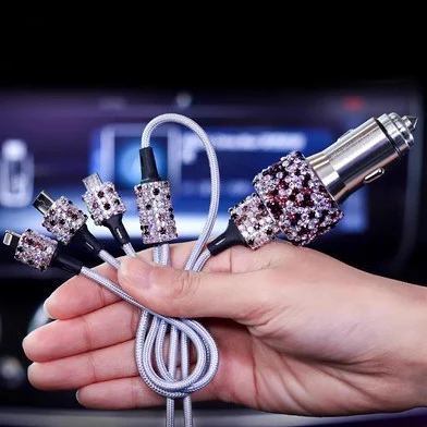 Crystal Diamond Rhinestones Auto Car Household Mobile Phone 2 USB Fast-Charged cigarette lighter data cable 1 to 3 Alloy Charger