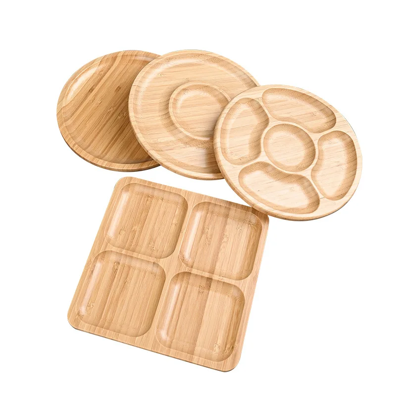 Wholesale bamboo wooden serving trays wholesale food snack fruit plate custom logo round square trays for home kitchen