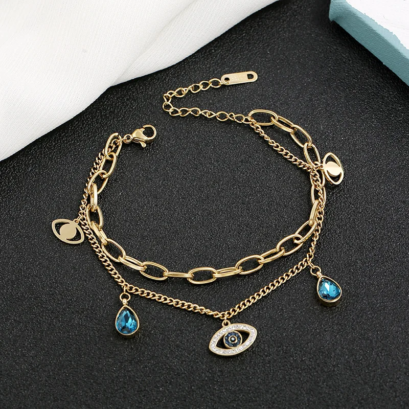 Fashion Gold Plated Double Layer Water Drop Sapphire Turkish Eyes Bracelet Stainless Steel Crystal Evil Eyes Charm Bracelet