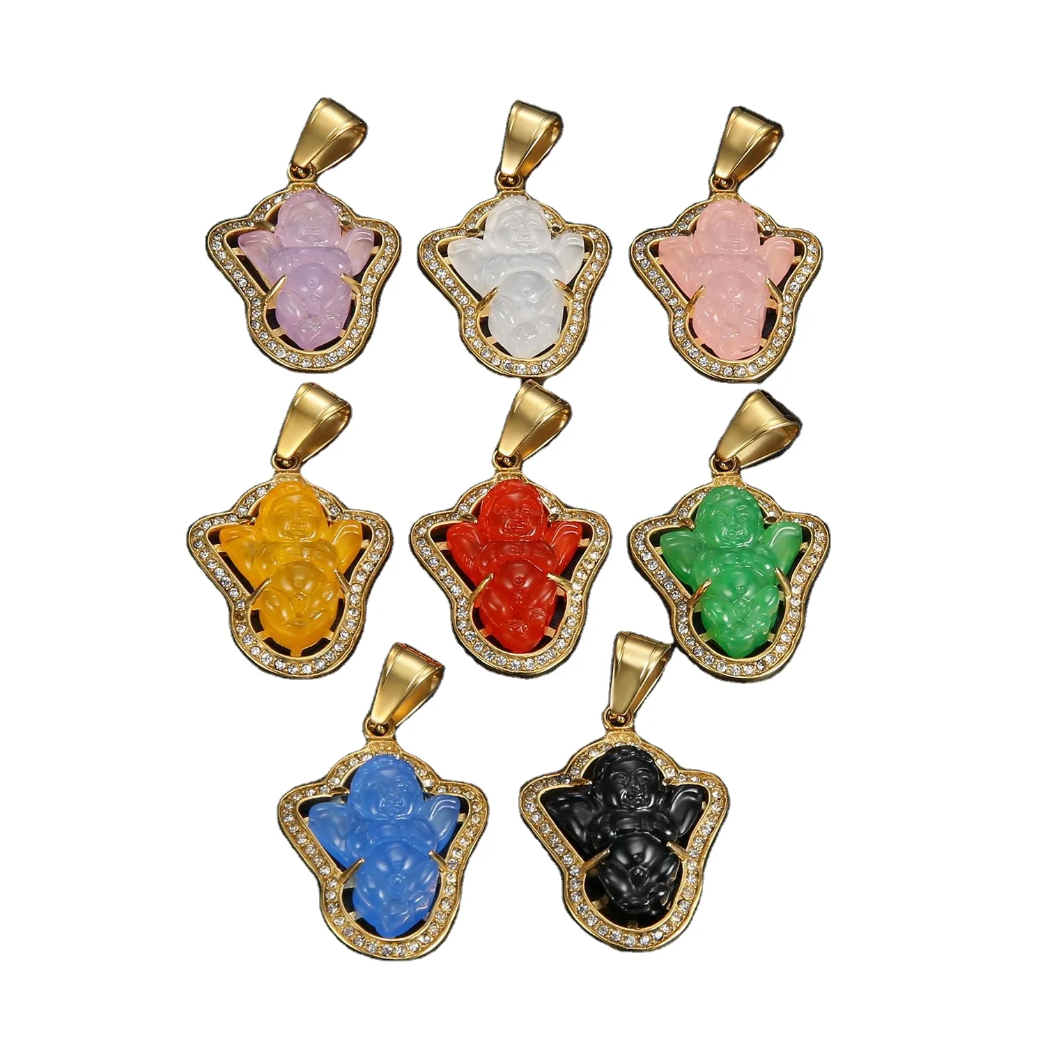 Good Quality Buddha Neckless Necklace Letter Stainless Steel Pink Pendant Jewelry Crystal Clear Colgante Buda Jade