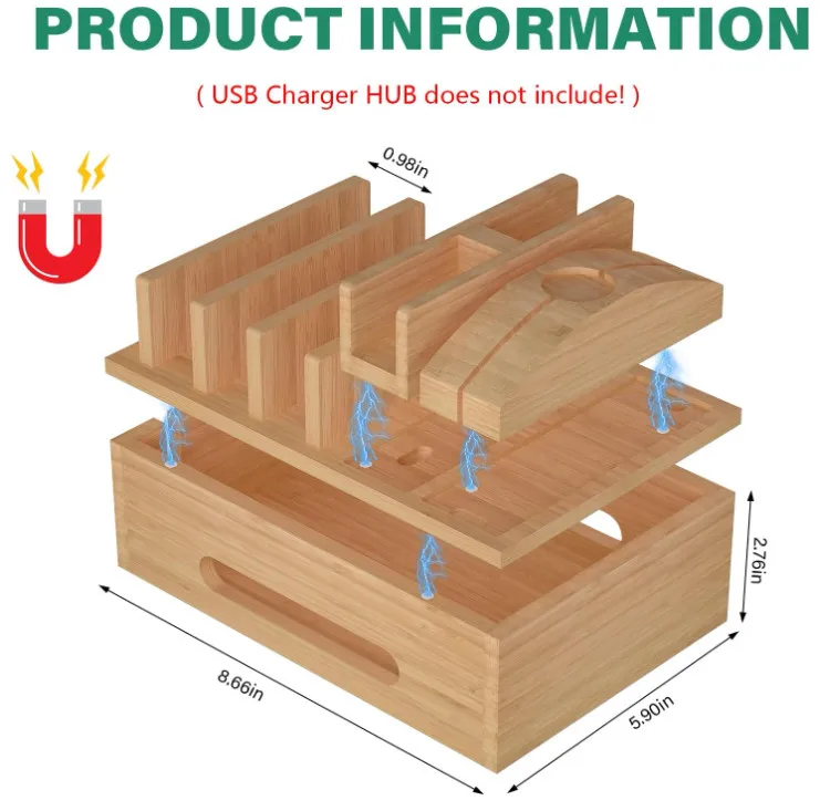 High Quality Bamboo Creative Multifunctional Desktop Wood Docking Station Organizer For Cell Phones