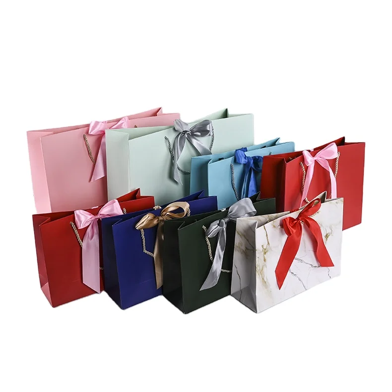Boutique Clothing Jewelry Luxury Retail Customised Your Logo Gift Small Carry Paper Shopping Bags With Bow Tie