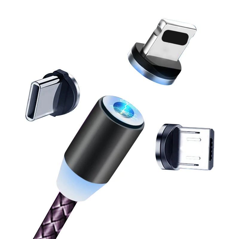 Магнитный USB-кабель 3 в 1 PUJIMAX для iPhone и USB-кабель типа C и Micro USB нейлоновый Плетеный со светодиодным проводом