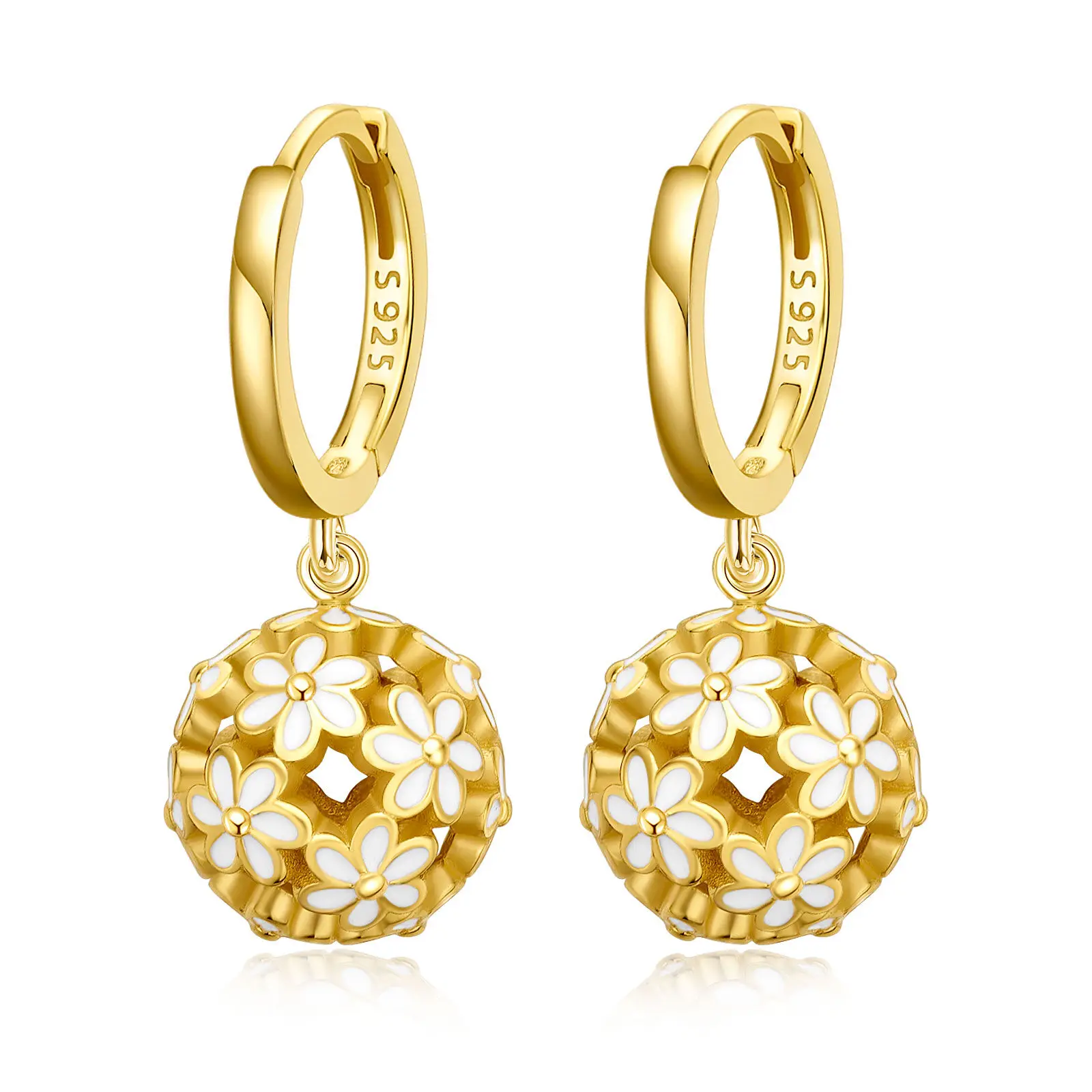 New Arrival 925 Sterling Silver Gold Plated Daisy Flower Ball Drop Dangle Hoop Earrings For Women
