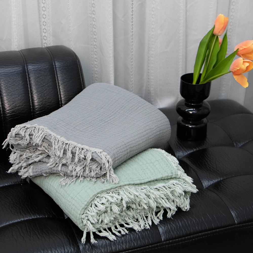 Лучшее четырехслойное покрывало из муслина, с атласной отделкой, с кисточками, для пляжа, для пикника, для коляски, из мягкого хлопка, оптовая продажа, носимый порог