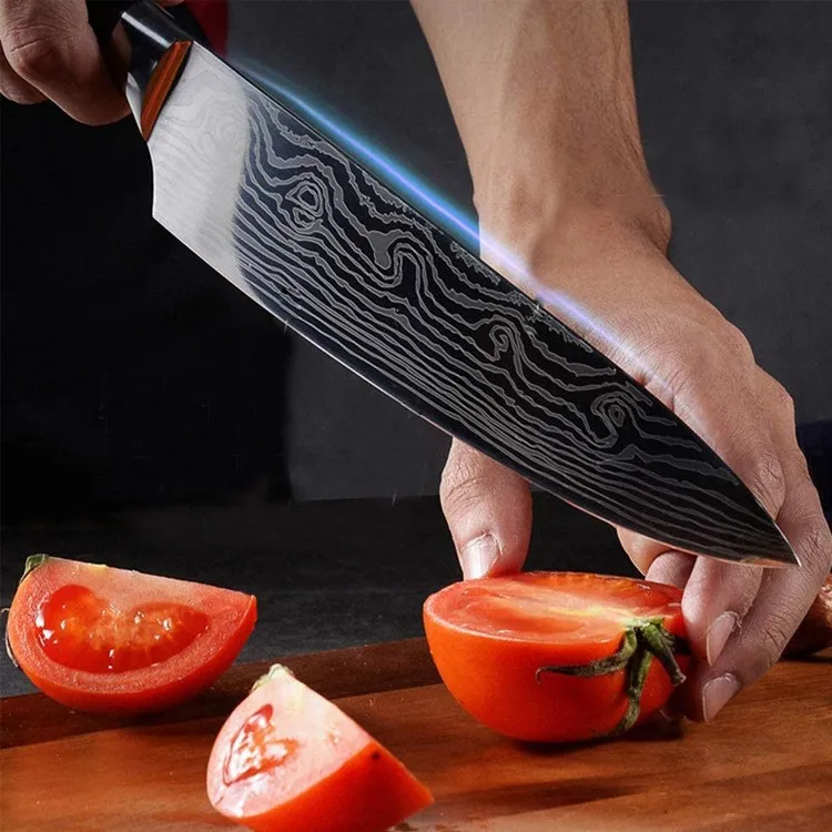 High-quality Stainless Steel Damascus Grain Color Wood Handle Kitchen Knife Set