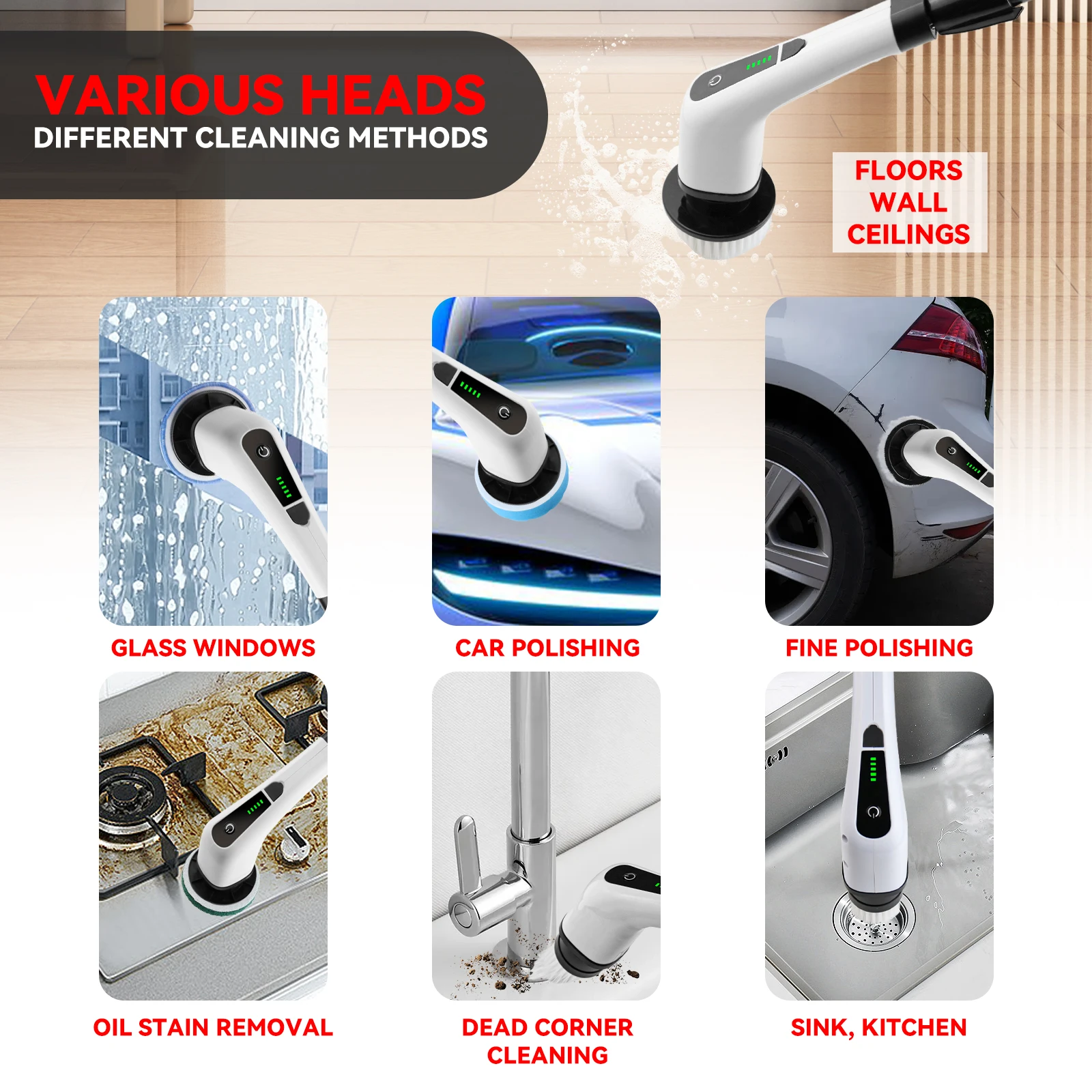 USA Warehouse Spin Scrubber Cleaning Brush with 7 Replaceable Brush Heads for Cleaning Bathroom Windows