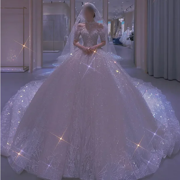 Women Long Tail Wedding Dress Ball Gown Bridal Lace Luxury Extreme Shine Wedding Dresses Embroidered Bridal Maid Wedding Dresses