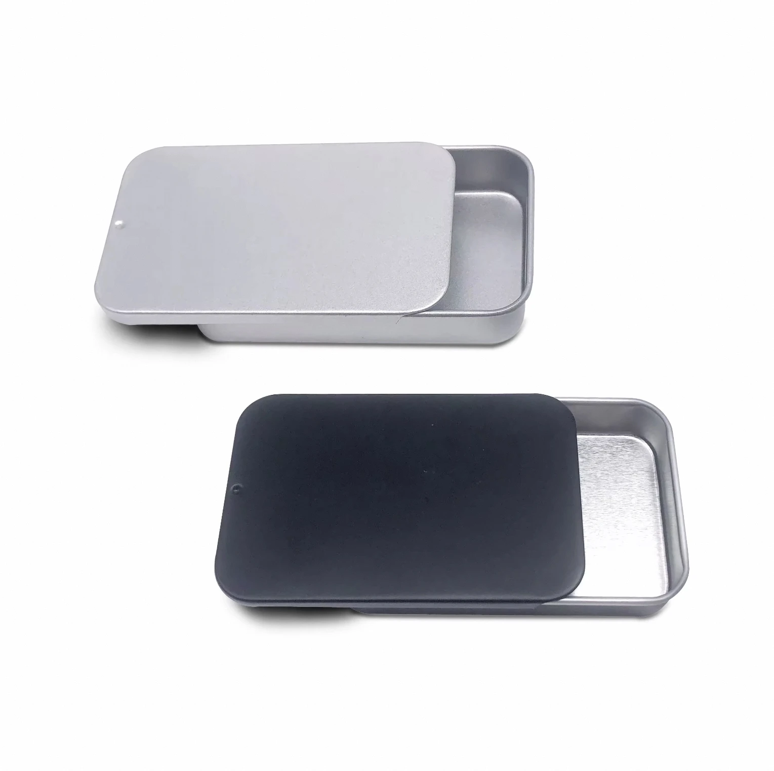 Hot Sale Black White Silver Pink Rectangular Metal Tin Box for Cosmetic Cream Balm Pill Mint Candy Slide Packaging for Car Gifts