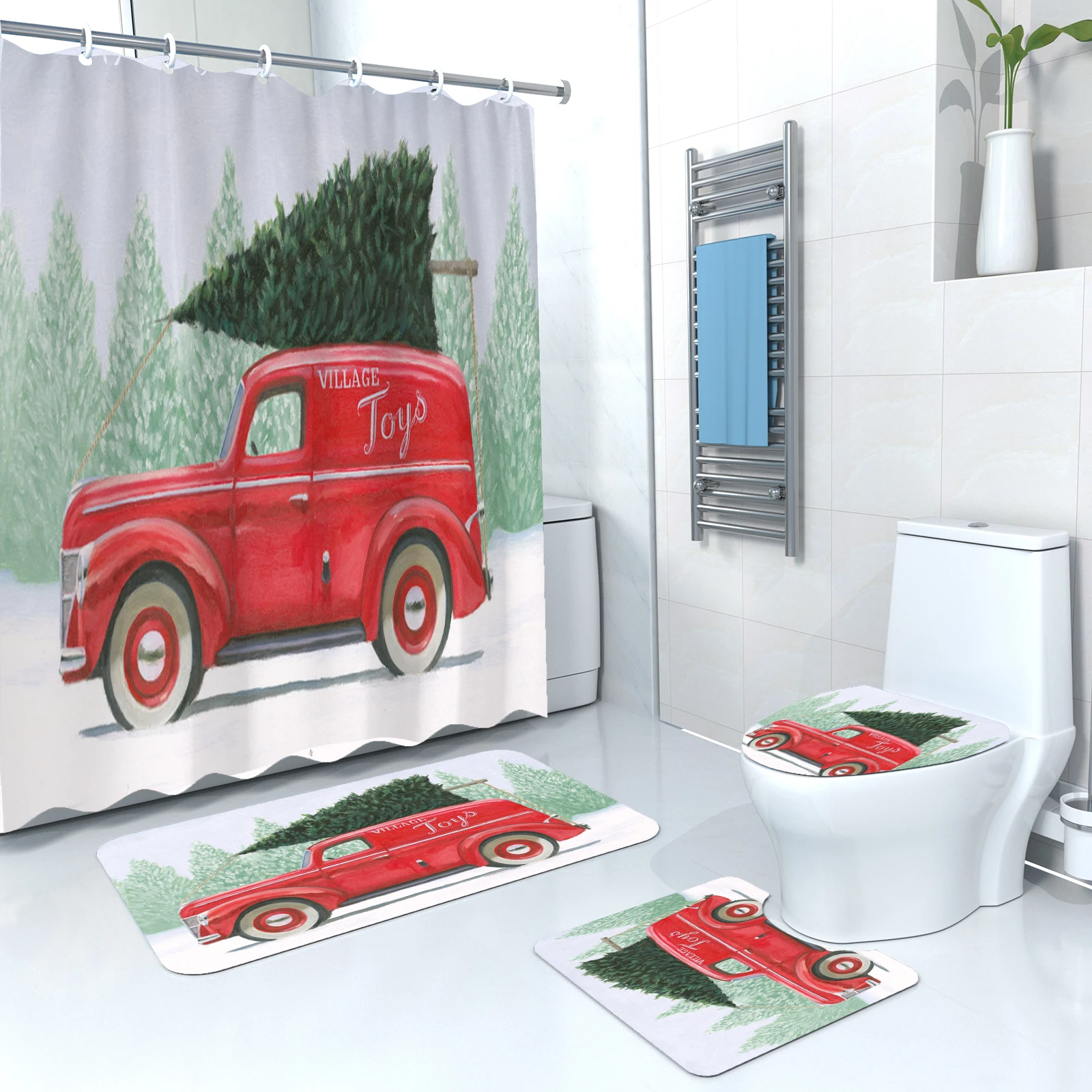 Customized Christmas Bathroom Sets 4-PC Christmas Shower Curtain Shower Bath Mat Set