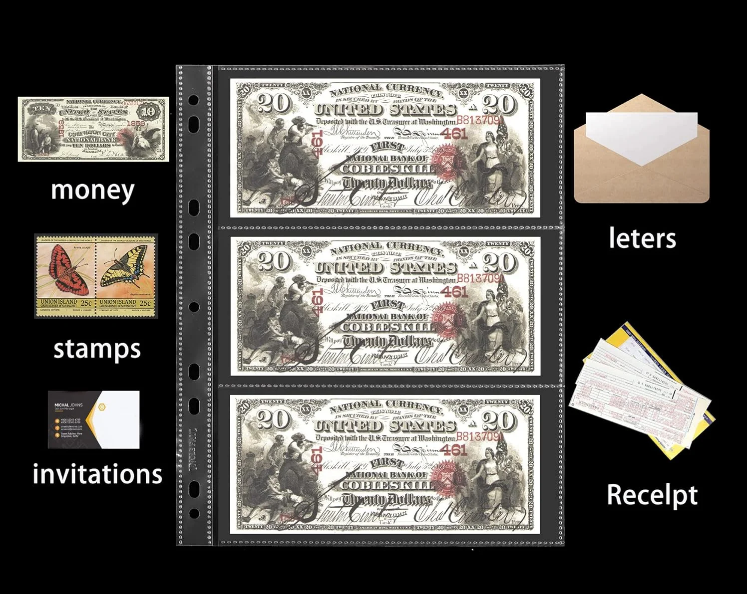 Customized  Paper Money dollar Collection Sheets Currency Pages for Paper Money Collection  3 Pockets Currency Sleeves bolder