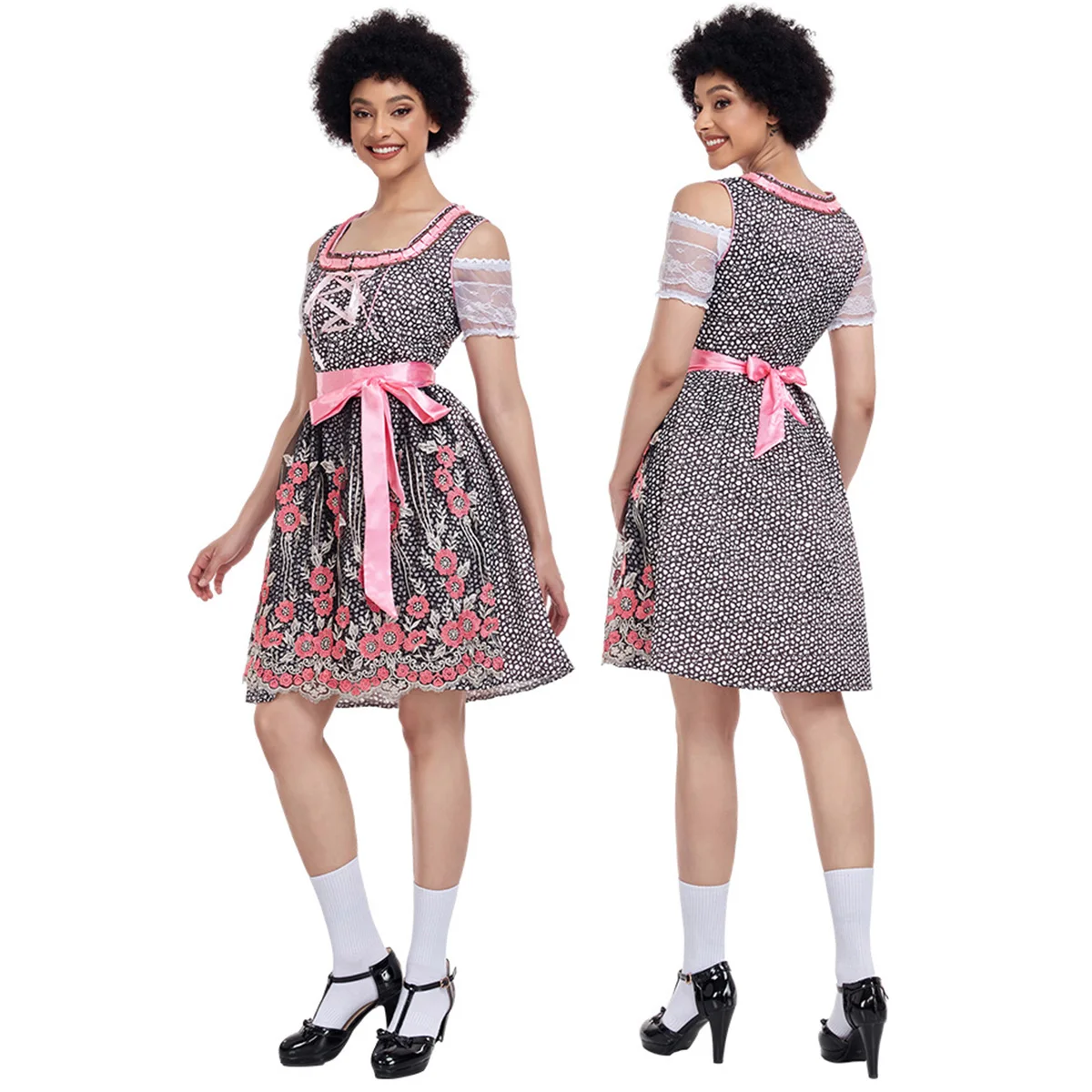 Funmular Dirndl Dresses Women Traditional German Oktoberfest Costumes Embroidery Floral Pattern Outfits
