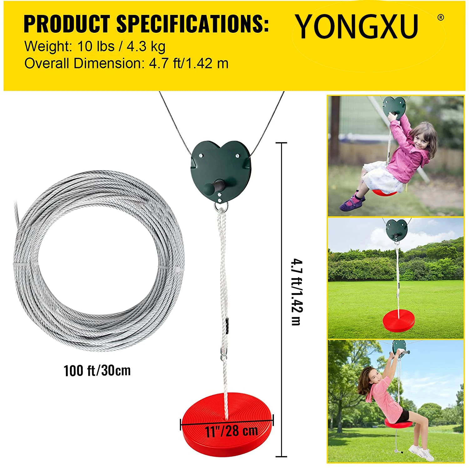 Great Outdoor Play Equipment Zip Line Kit With Stainless Steel Spring Brake and Seat for Teens