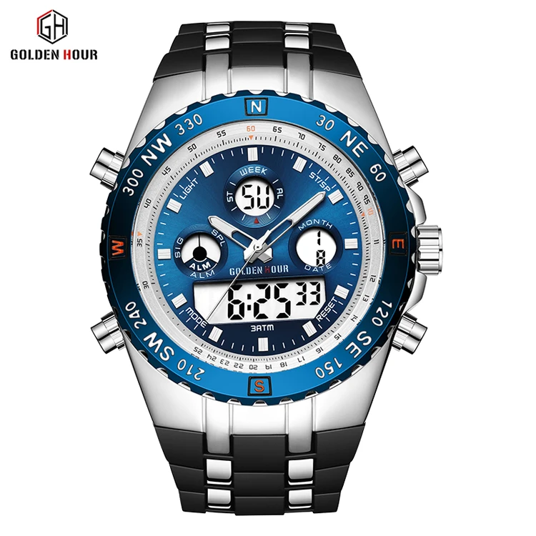 Golden Hour 124 big men watch  Analog Quartz Digital Wrist Watch  Week calendar display Stainless Steel reloj sport watch