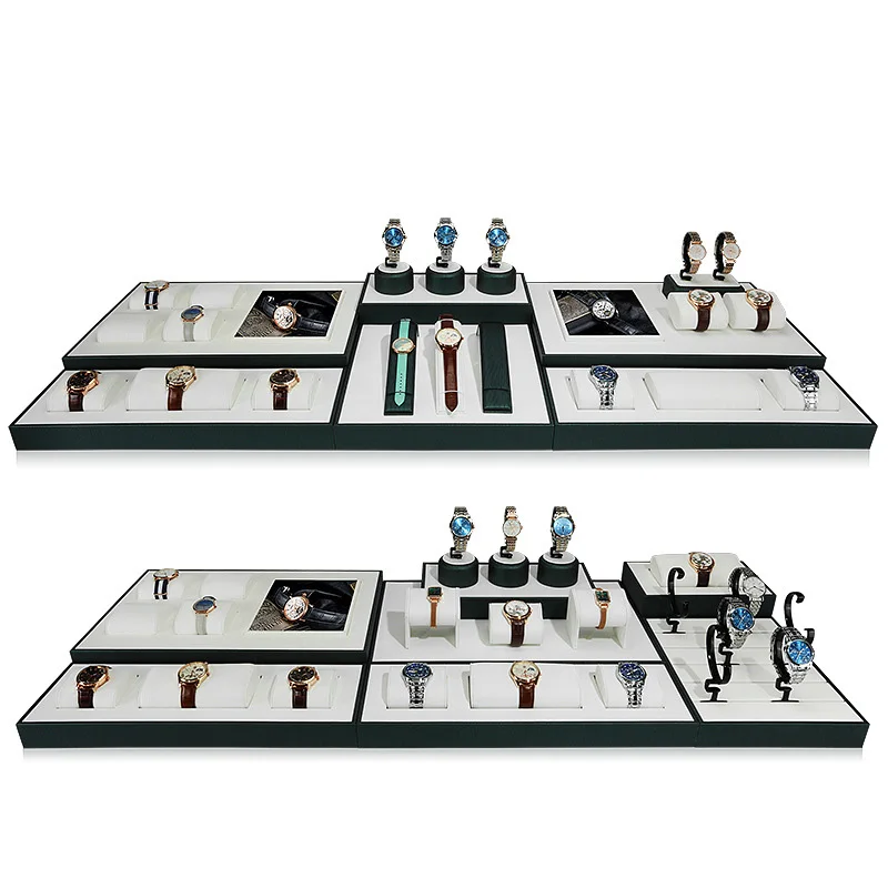 Wholesale Hot Sale black watch organizers showcase stand pu leather smart watch display tray with Acrylic hook