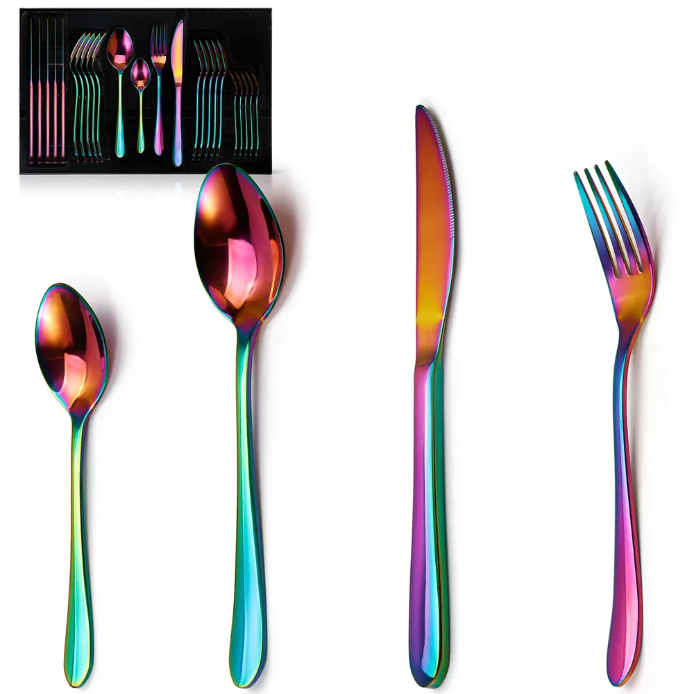 Colorful Utensils Silverware Set 24 Piece Stainless Steel Rainbow Flatware Set Iridescent Cutlery Set
