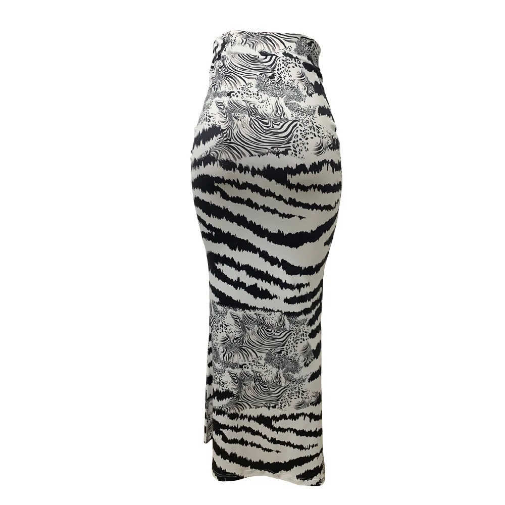 Summer New Style Print Contrast Color Pleated Long Skirt With Sexy High Split