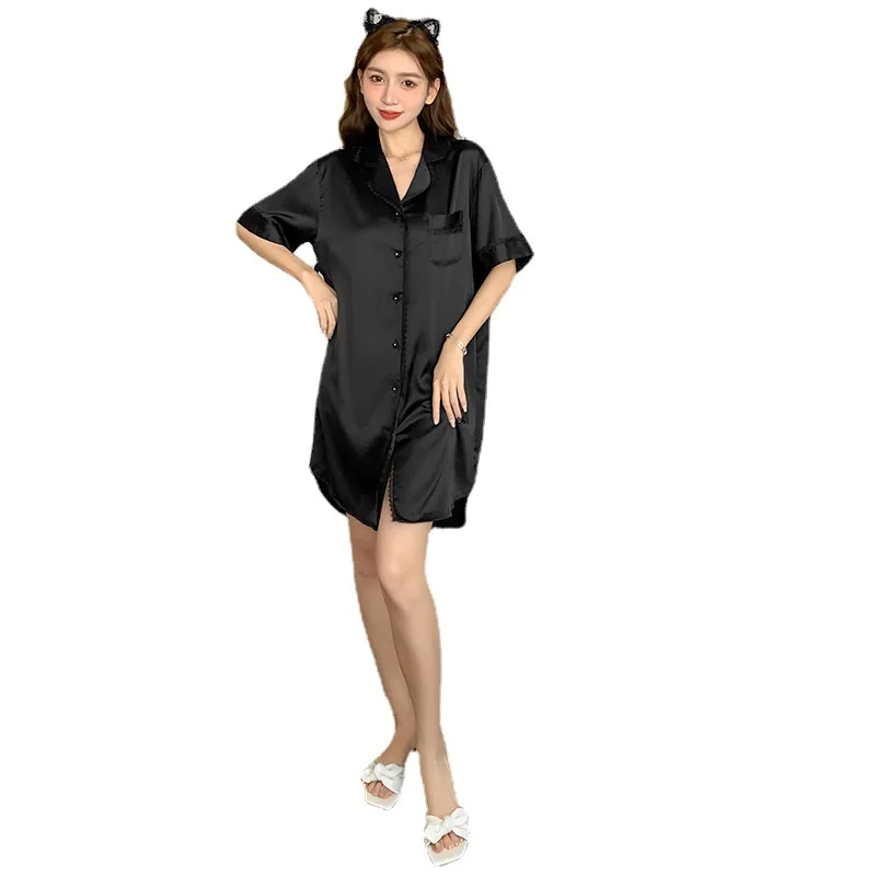 Ice silk nightdress female summer sexy lace simple Lapel cardigan shirt skirt home clothes