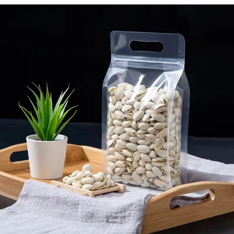 Transparent Plastic Food Packaging Ziplock Bag Handle Portable Sealed Storage Candy Grains Tea Nut Dried Fruit Logo