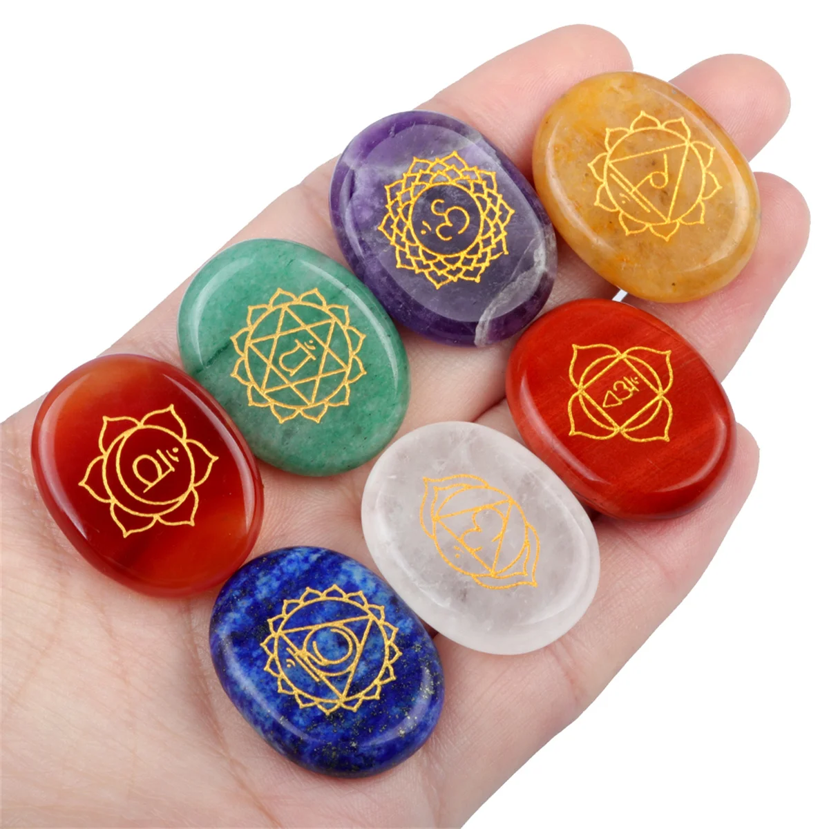 7pcs/set All Natural 7 Chakra Stone Set Oval-Shaped Engraved Symbols Semi-Precious Stone Crafts Healing Meditation Touchstone