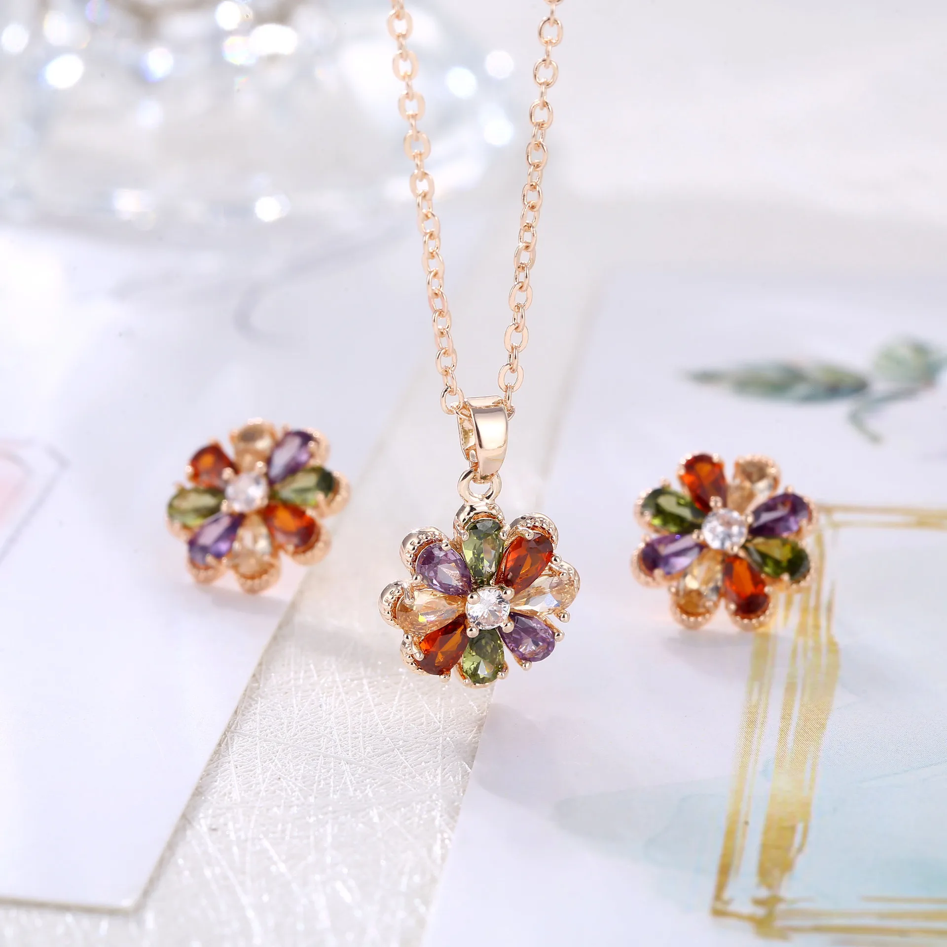 Colorful crystal necklace floral women zirconia jewelry ear studs earrings gold necklace and earrings set