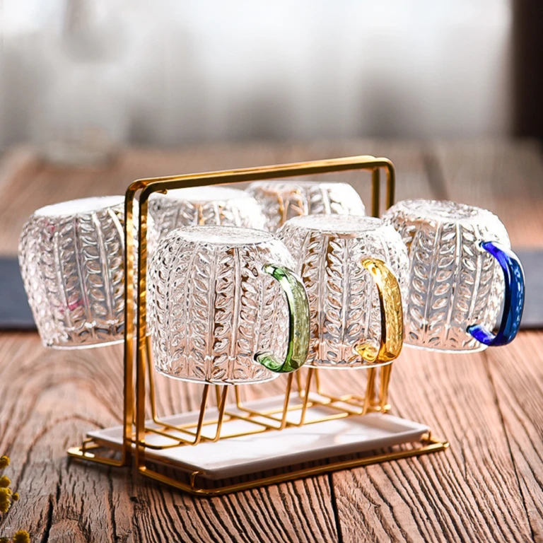 Hammer Grain Glass Cup Gold Handle Handblown High Borosilicate Glass Mug With Bamboo Lid