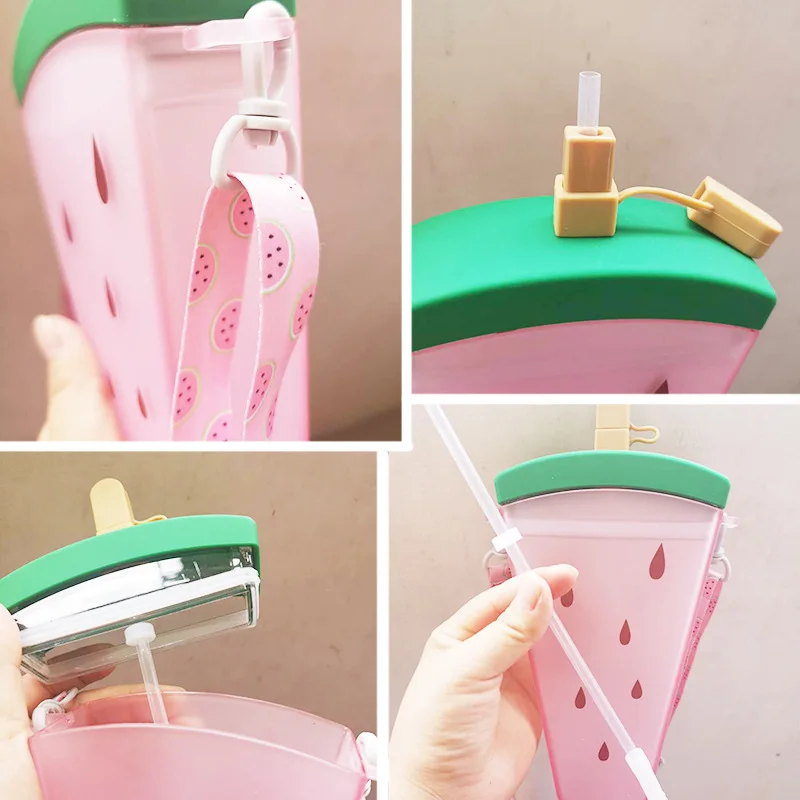 New Summer Korean version water plastic silica gel watermelon strap straw cold drink water cup student water cup bpa free