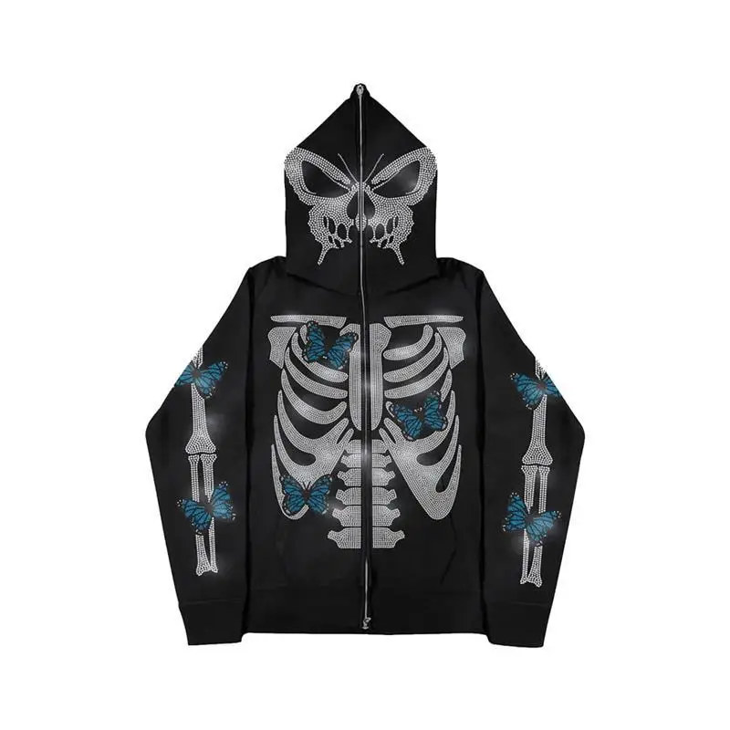Punk Goth Aesthetic Over Face Rhinestone Streetwear Pullover Unisex Y2k Full Zip Up Hoodies hommes