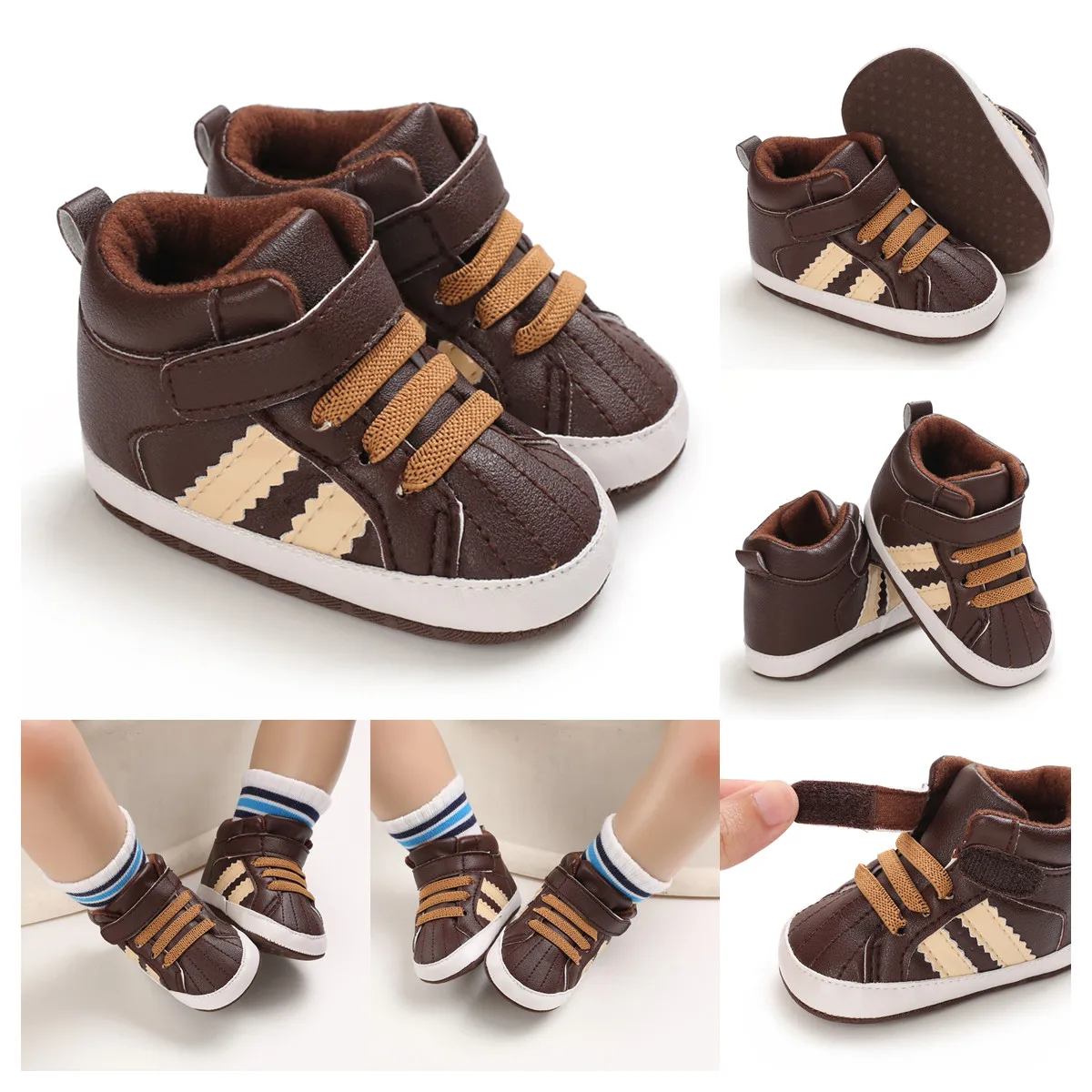 Valen Sina  Brown Baby Shoes Walking Toddler Shoes Soft Sole Newborn Birthday Infant Kids Boy Sneaker
