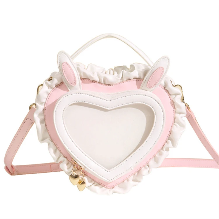 2024 New Rabbit Ears Peach Heart Bag Transparent PVC Sweet and Cute Lace ITA Bag Custom Student Shoulder ITA Bag