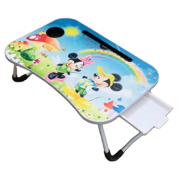 Wholesale colorful cartoon pictures MDF table top with plastic drawer white color folding steel legs bed table for study