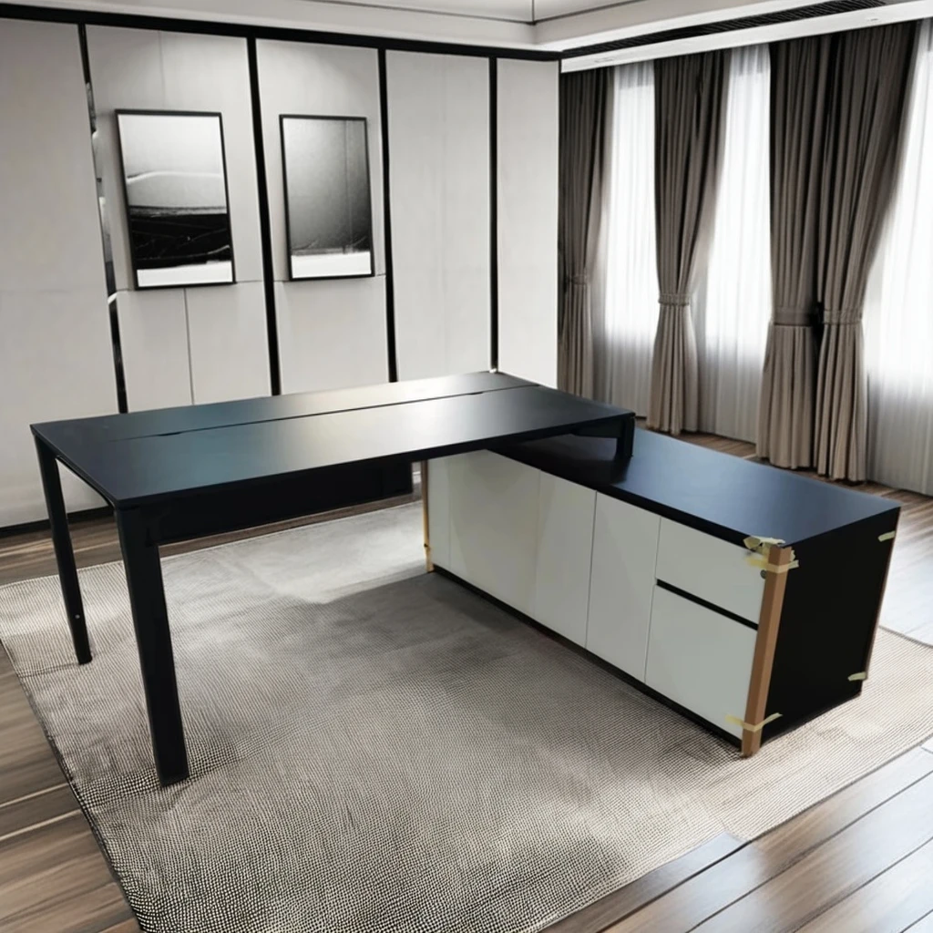 Современный офисный черный стол для босса растягивающийся главный с помощником шкафчиком столом менеджера