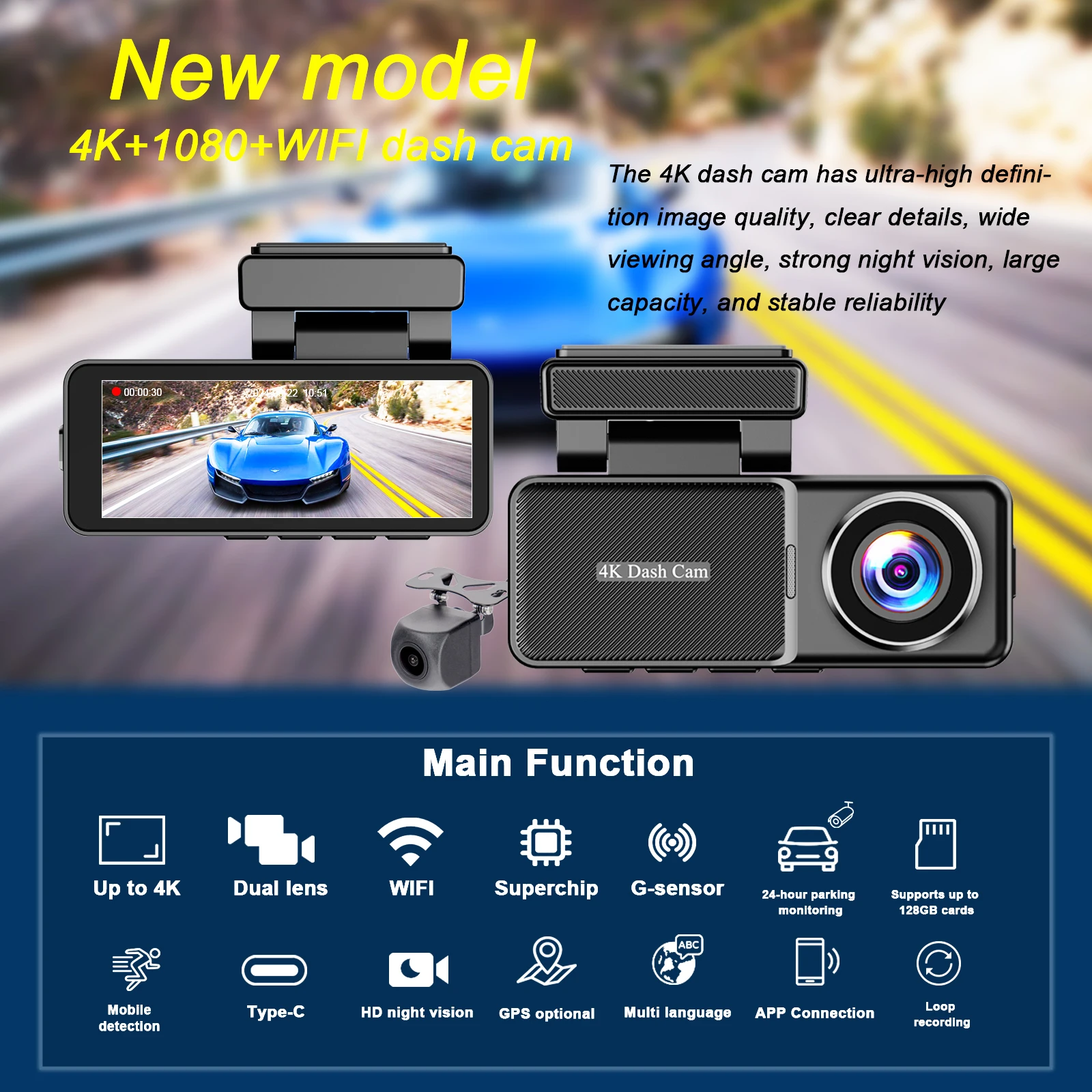 Manufacturer car camera 4K+1080P front and rear dual lens wifi gps dash cam 4k hd car black box dash camera car dvr 4k dashcam