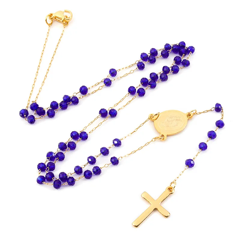 Нержавеющая сталь Религиозные ювелирные изделия крест кулон четки ожерелье с 3 5 мм 6 Красный Синий Черный Кристалл бусины