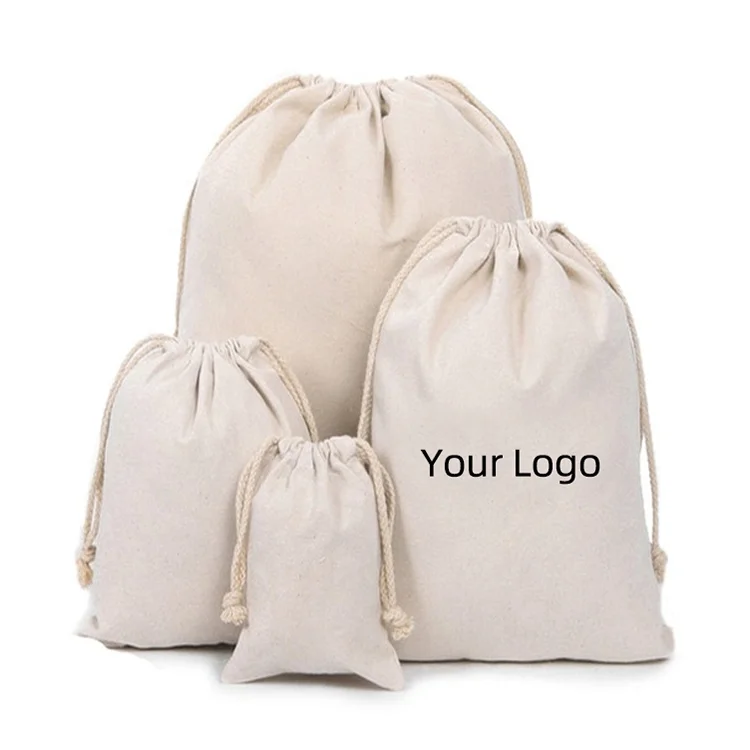Custom Eco Friendly Organic Muslin Cotton Pouch Promotional Small White Calico Cloth Canvas Drawstring Bag With Logo Printed