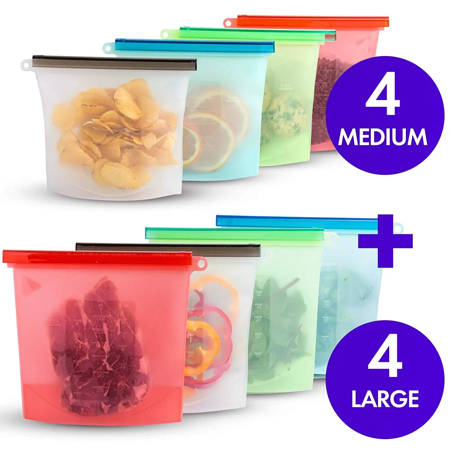 500/1000/1500/3000/4000ml Stand Up Bolsa de almacenamiento Reusable Leakproof Food Storage Bag Set BPA Free Silicone Food Bag