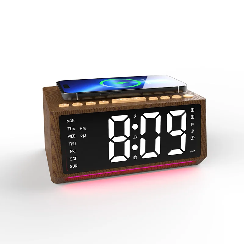 Wholesale Bedside Bt Wooden Clock With Fm Radio 15W Wireless Charging Station Alarm Clock With Speaker