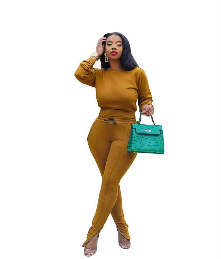 D12613 2021 autumn new style solid color long sleeve tops zipper lounge womens tracksuit 2 piece pants set