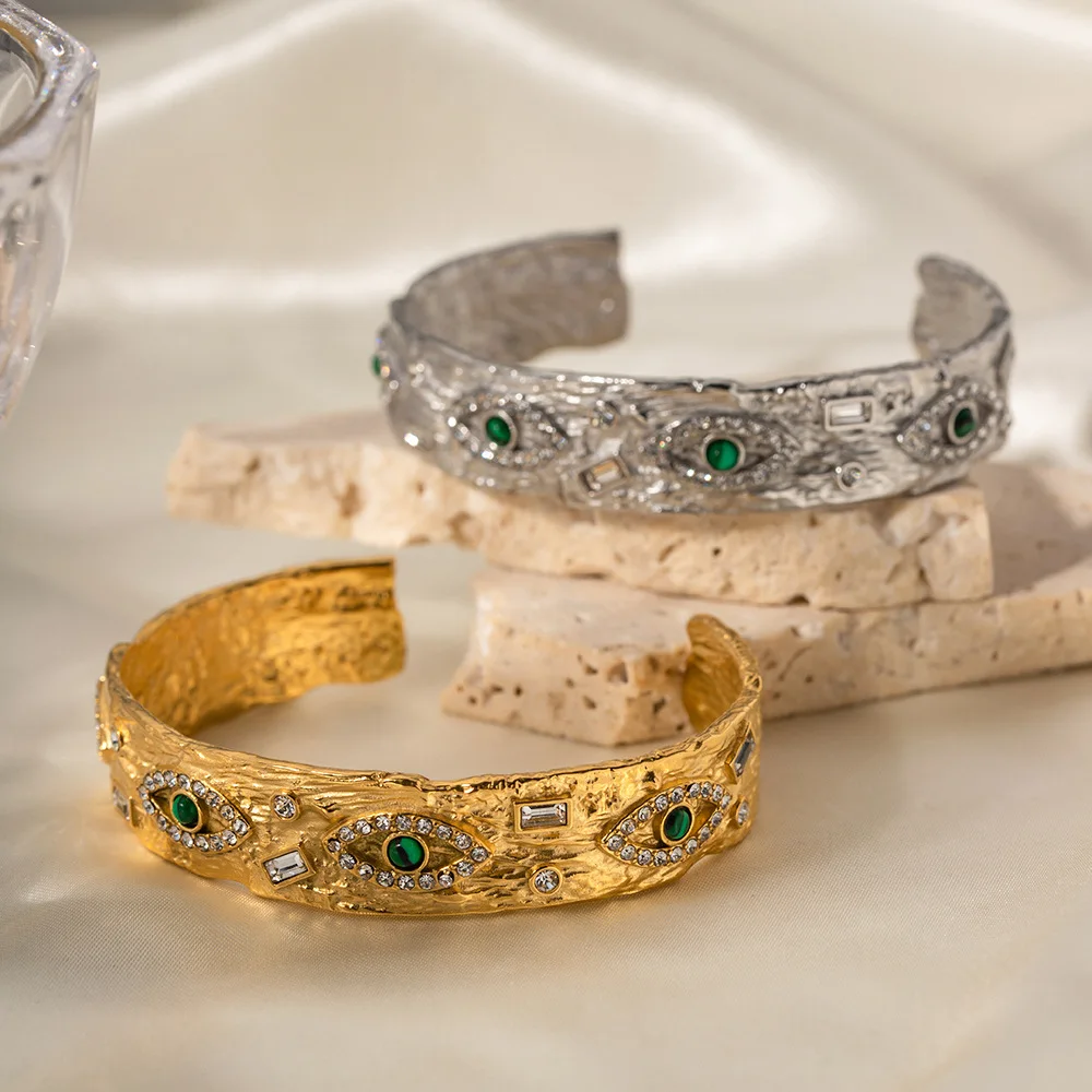 Vintage Stainless Steel Eye Bangle Waterproof Jewelry 18K Gold Plated Silver Malachite Stone Eye Bangle for Men Women