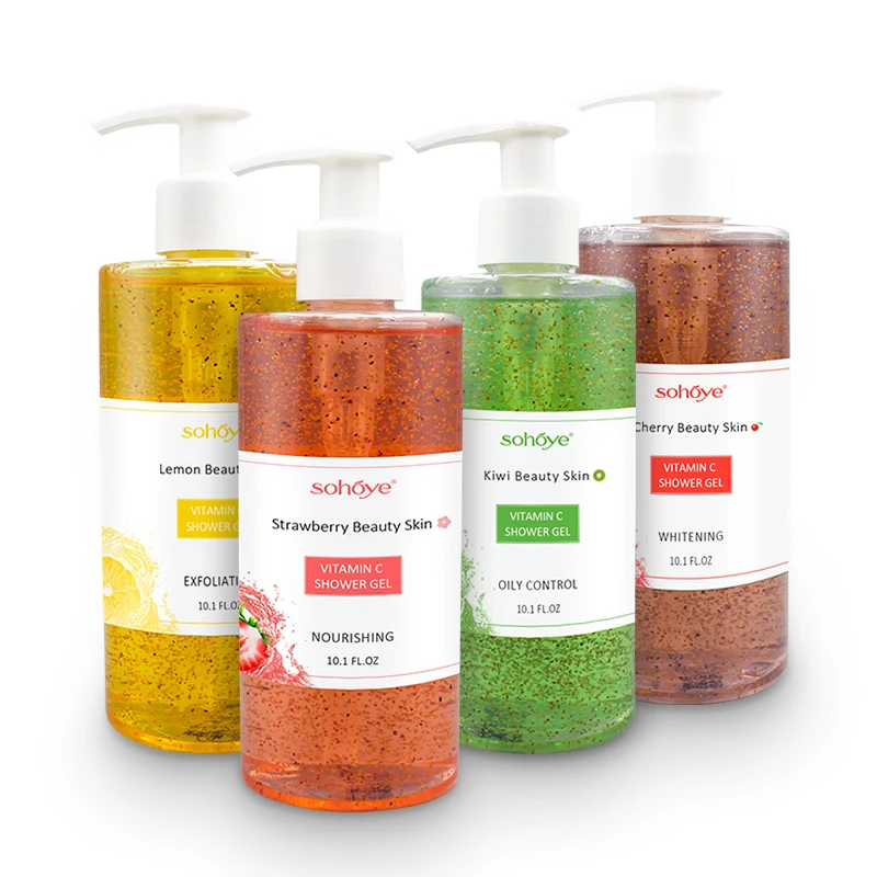 Factory price smooth birghten skin exfoliating scrub spa bath fruit whitening cowry pretty shower gel