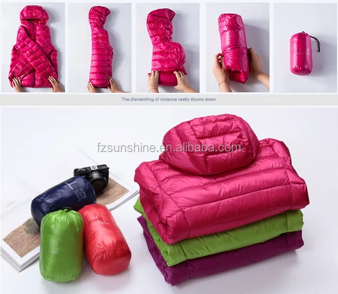 Women White Duck Down Jacket Hooded Ultra Lightweight Foldable Jacket with portable bag