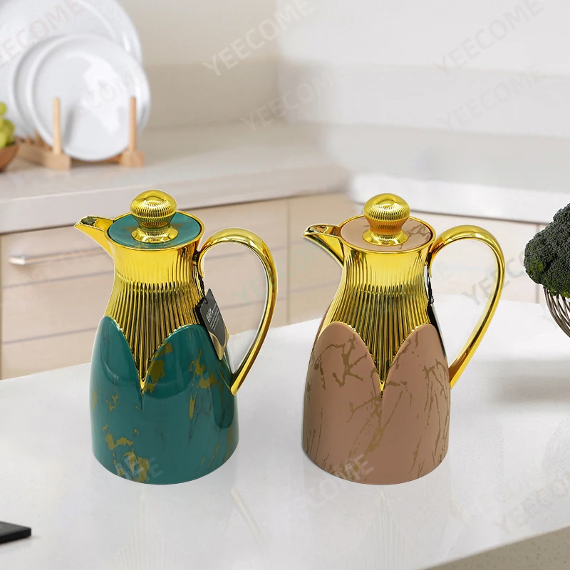 Custom Logo coffee pot glass  Keep Hot 24hrs gold plated coffee maker pot 1L marbling printing  thermos vacuum flask