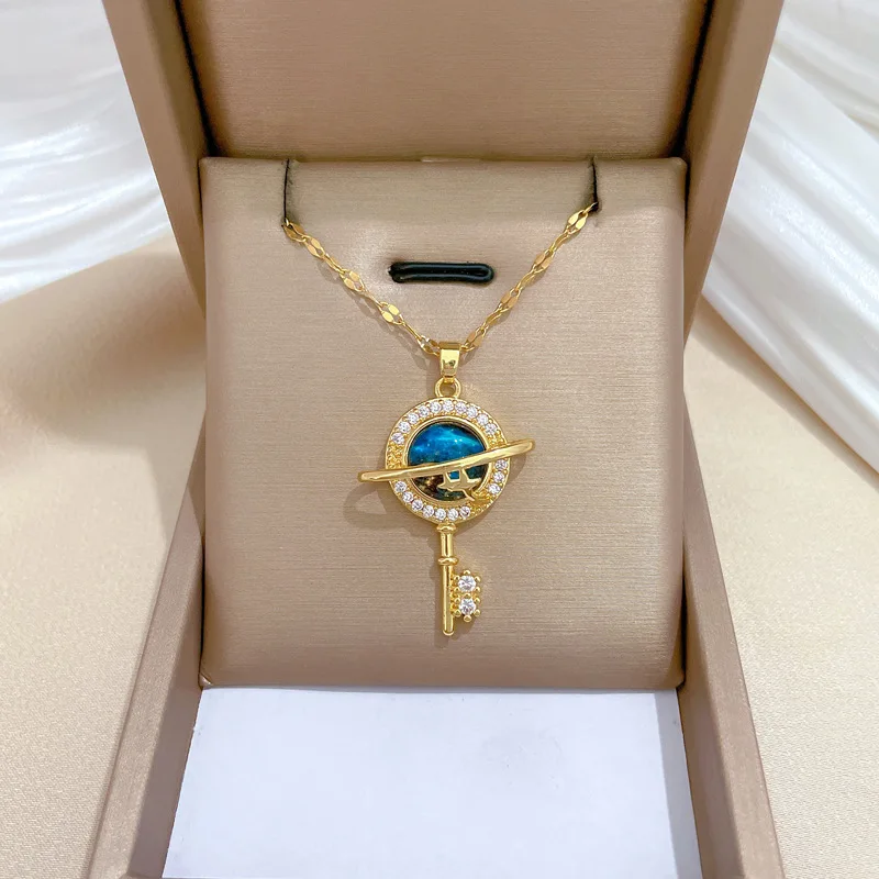 Collar De Acero Inoxidable Stainless Steel 18k Gold Plated Full Diamond Zircon Key Hollow Planet Pendant Necklace for Women