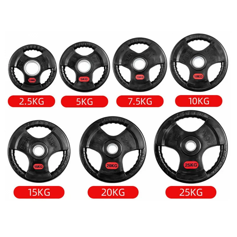 Custom Logo 5kg 10kg 15kg 20kg 25kg Weight Plates Rubber Coated Barbell Plate Discs Cast Iron Three Grip Weight Plate